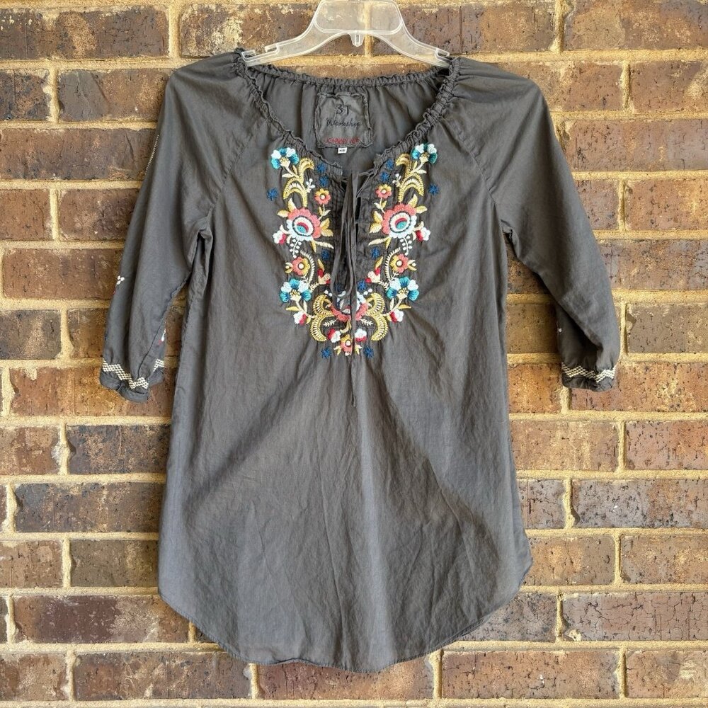 Johnny Was 3J Workshop Women's Gray Cotton Embroidered Boho Top Size XS